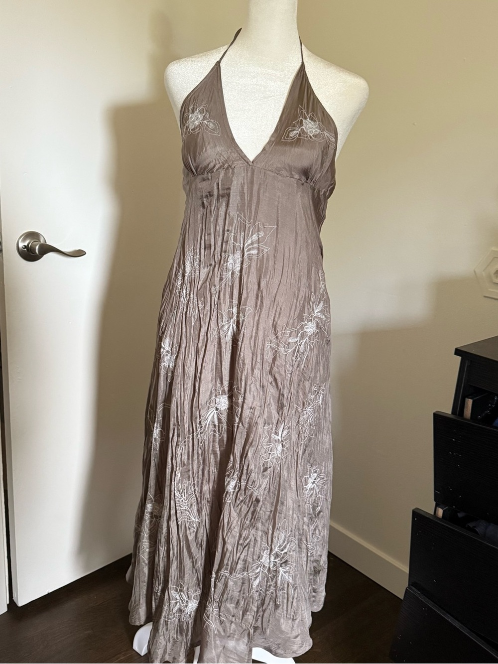 Vintage 100% Silk Chan Luu Halter Maxi Dress with Subtle Floral Embroidery